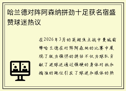 哈兰德对阵阿森纳拼劲十足获名宿盛赞球迷热议